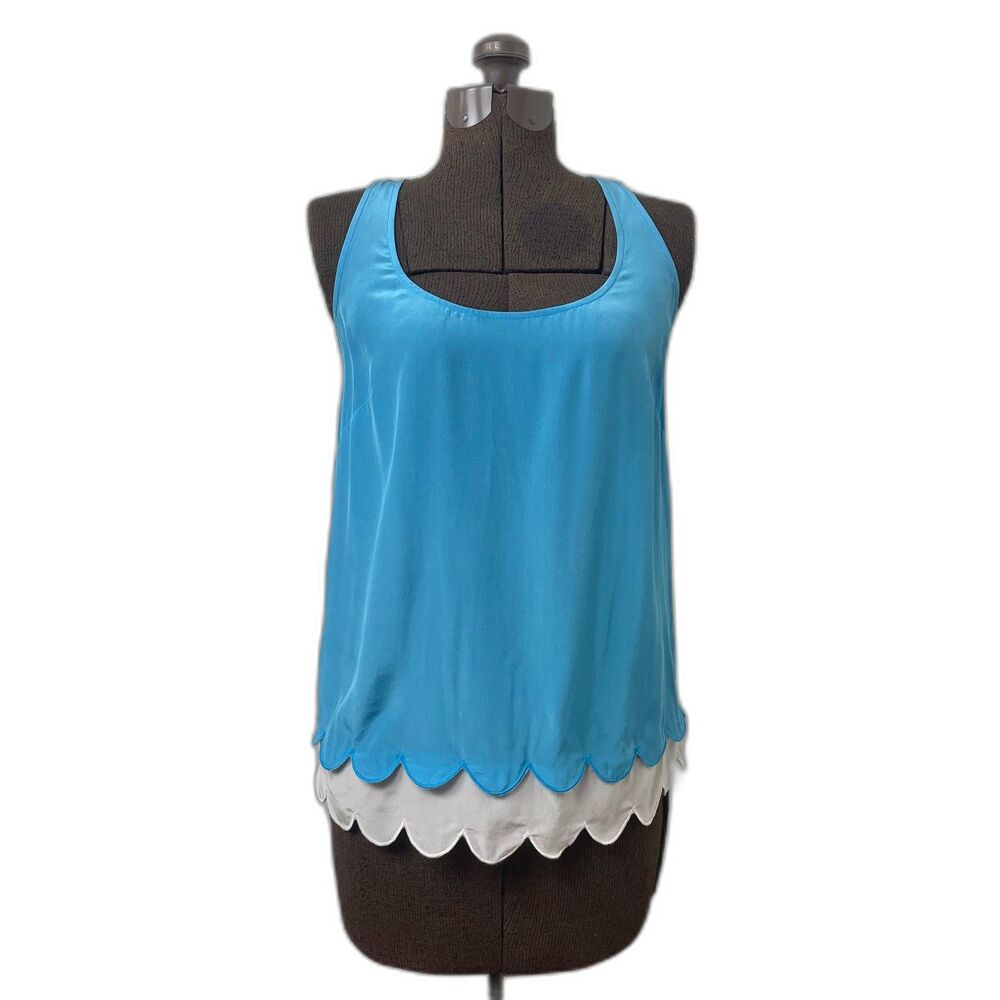 Lilly Pulitzer Carlina Silk Tank Top Scalloped Bottom Sky Blue White Sz XS Scoop